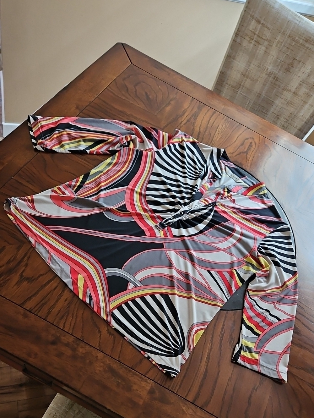 Current 70s Inspired Psychedelic Print Shirred Blouse est Large - Picture 7 of 12